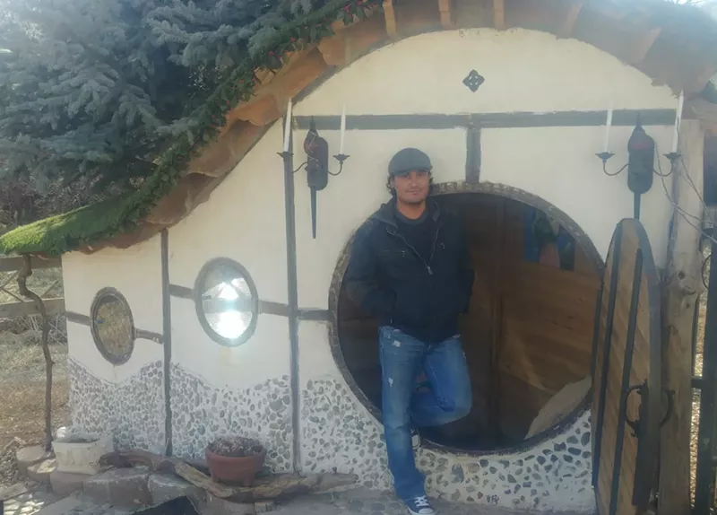 Image: Rudi Monterroso with one of his Hobbit playhouses.