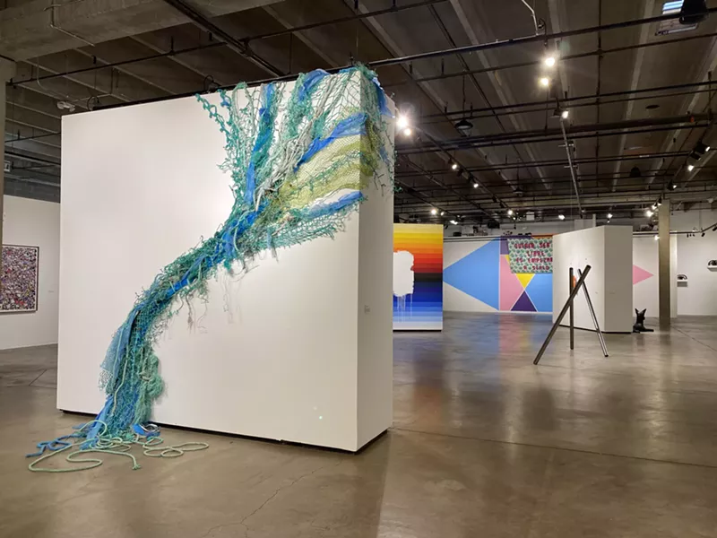 Image: Installation view of Near in the Distance, with one side of Regan Rosburg’s “Everything Is Fine” in the left foreground.