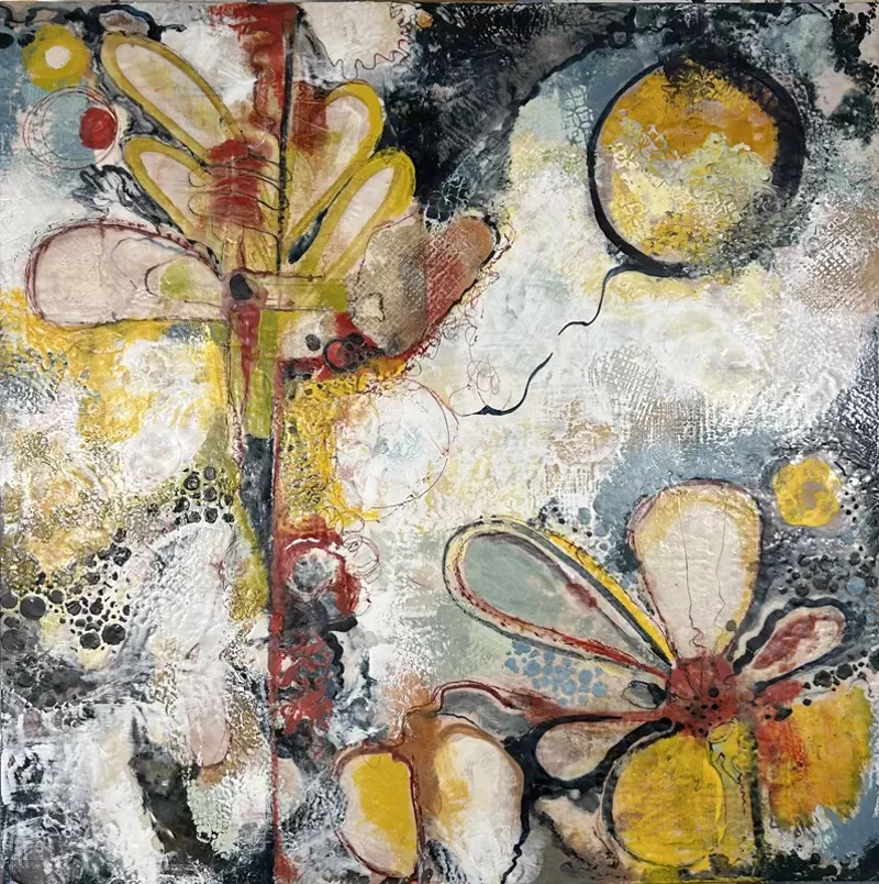 Image: A colorful abstract painting of flowers