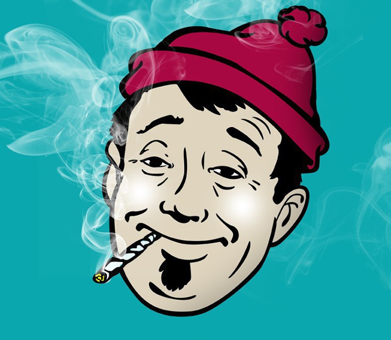 Cartoon character in red beanie smokes a joint