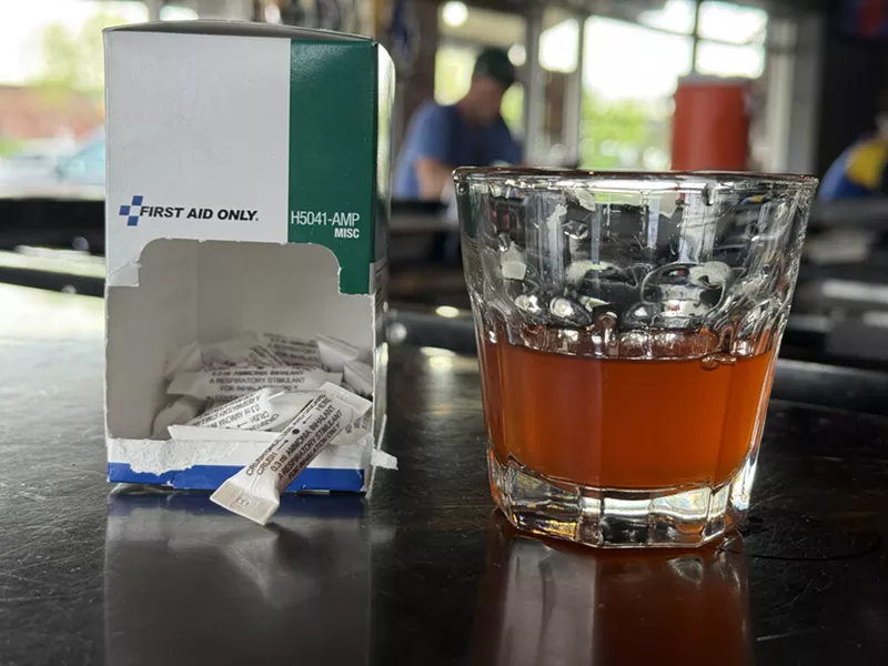 Image: A box of smelling salts and a Skittles-infused shot at Skyline Pub.