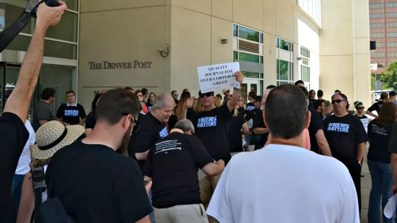 Image: Protesters at a protest against Alden Global Capital, the hedge fund that owns the Denver Post, took place just prior to a buyout-list announcement last year.