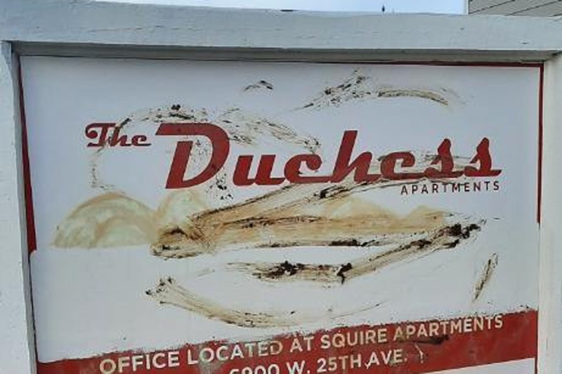 Elizabeth Ruddy says that CBZ Management neglected the Duchess Apartments in Edgewater in the same way as the apartments at 1568 Nome Street in Aurora, where dozens of families were evicted. According to Ruddy, the sign in front of her apartment building was smeared with feces.