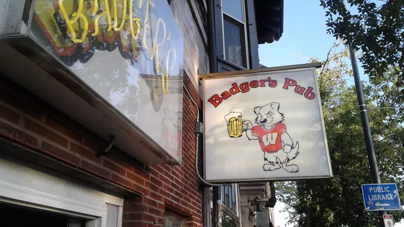 Image: Badger's Pub is not shy about showing Wisconsin allegiance — a version of the University of Wisconsin Bucky the Badger mascot is represented on the sign.