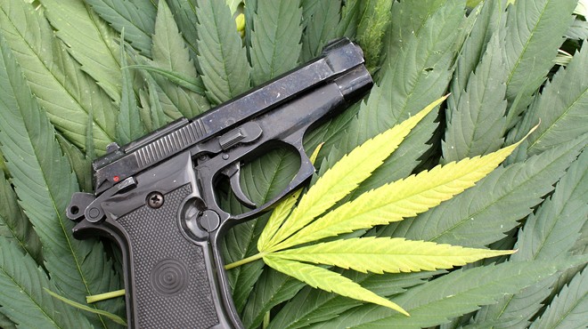A gun in front of green marijuana leaves