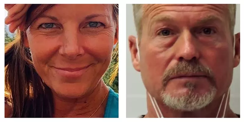 Image: A family photo of Suzanne Morphew, and Barry Morphew's booking photo.