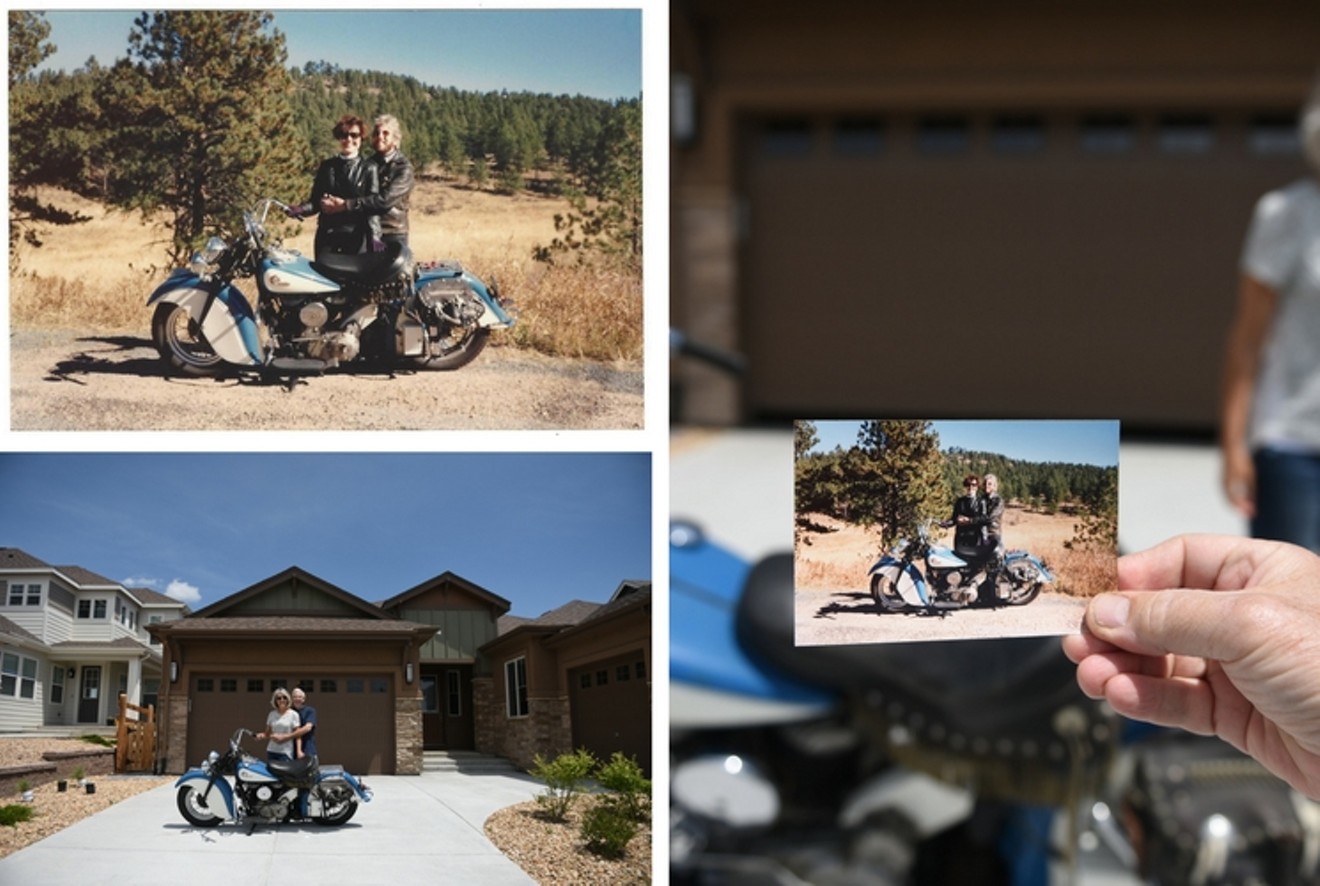 Top left: Kathleen and Steve Jaben with his 1946 Indian Chief motorcycle Colorado in 1989. Bottom: The Jabens with the same motorcycle in Colorado in 2017.