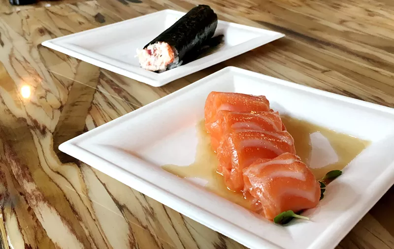 Image: Scottish salmon nigiri and a lobster hand roll at the new Berkeley Park Sushi Co.