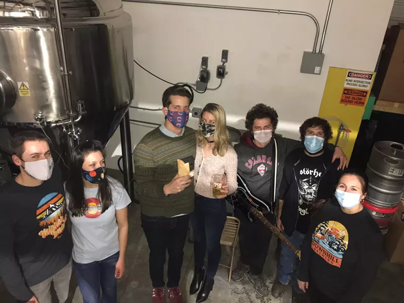 Image: Black & White Motion Picture at Mirror Image Brewing Co. brewing the white stout Retro Heartbreak on February 13. Left to right: Nick Lockwood, Janti Klimecki, Andrew Kunkle, Arily Michele, Josh Eherenman, Tony Greco and Theresa Schirner.
