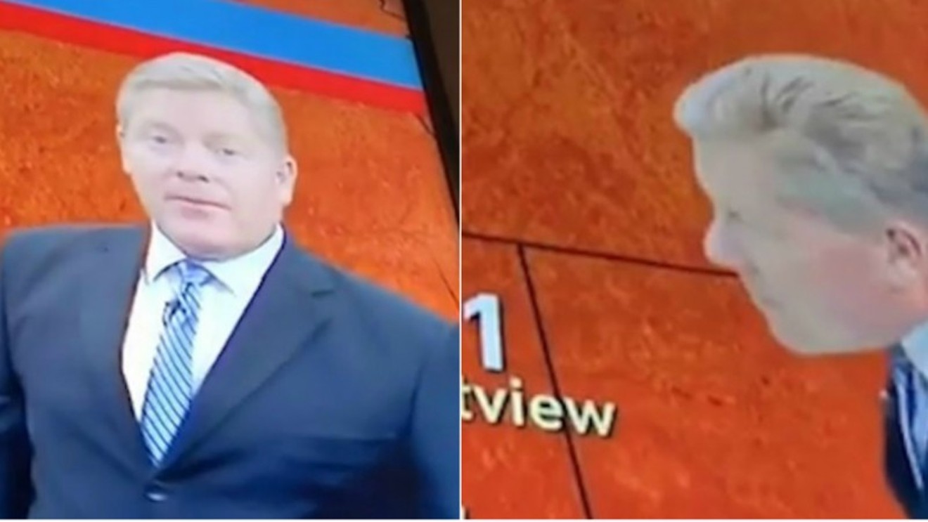 Former Denver weather forecaster Chris Dunn before and after releasing a hot air mass.