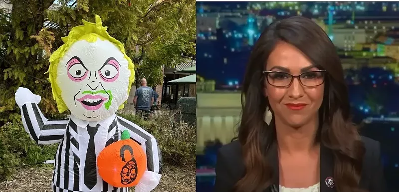 Image: beetlejuice outfit on one side, lauren boebert on the other