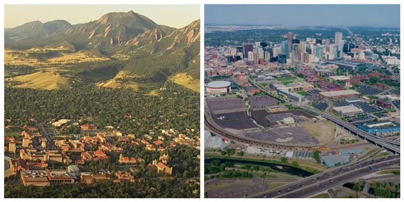 Boulder and Denver as seen from the air.