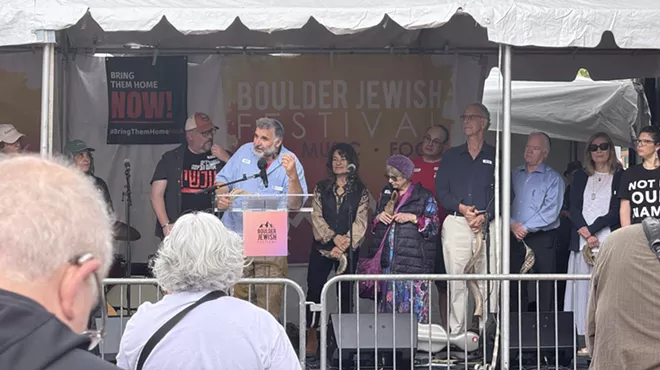 Rabbi Marc Soloway of Congregation Bonai Shalom in Boulder addresses attendees at the Boulder Jewish Festival a week after the firebombing terror attack