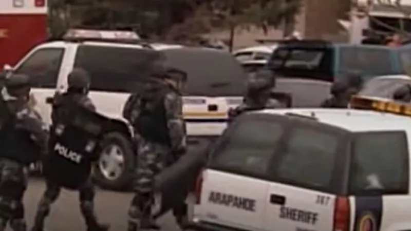 Image: A screen capture from a retrospective about the 1999 attack on Columbine High School.