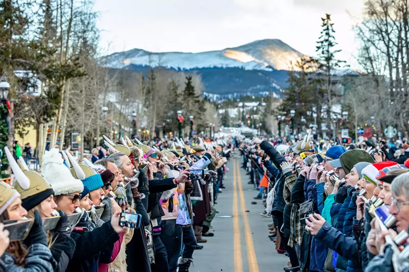 Image: Drinkers participating in the Ullr Fest shotski event on Breckenridge's Main Street