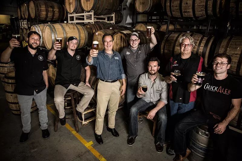 Image: Rick Abitbol (second from right) and four other brewers got to work with Boston Beer founder Jim Koch (third from left).