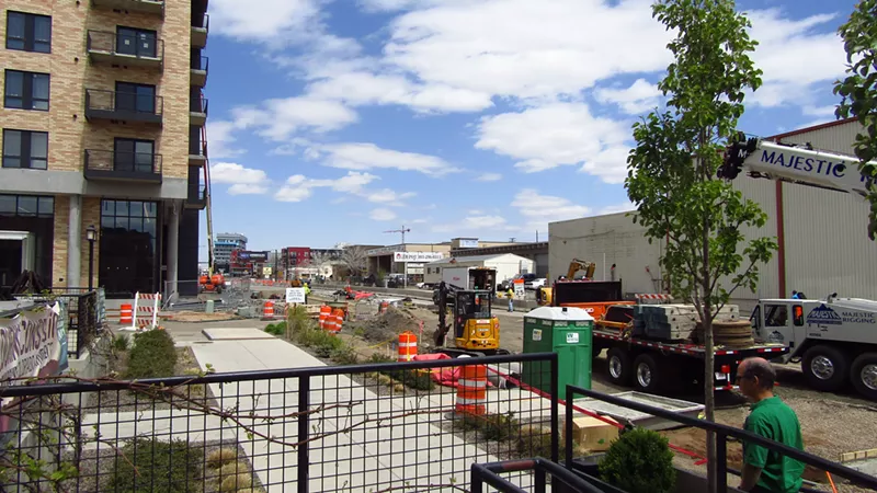 Image: Looking north up Brighton Boulevard from the entrance to Mister Tuna.