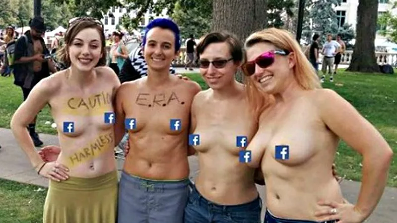 Image: Brit Hoagland, second from left, joins others showing their support for the Free the Nipple movement in a Facebook-friendly photo.