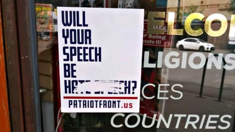 Image: The Patriot Front sticker found affixed over Hope Tank's message of inclusion on June 26.