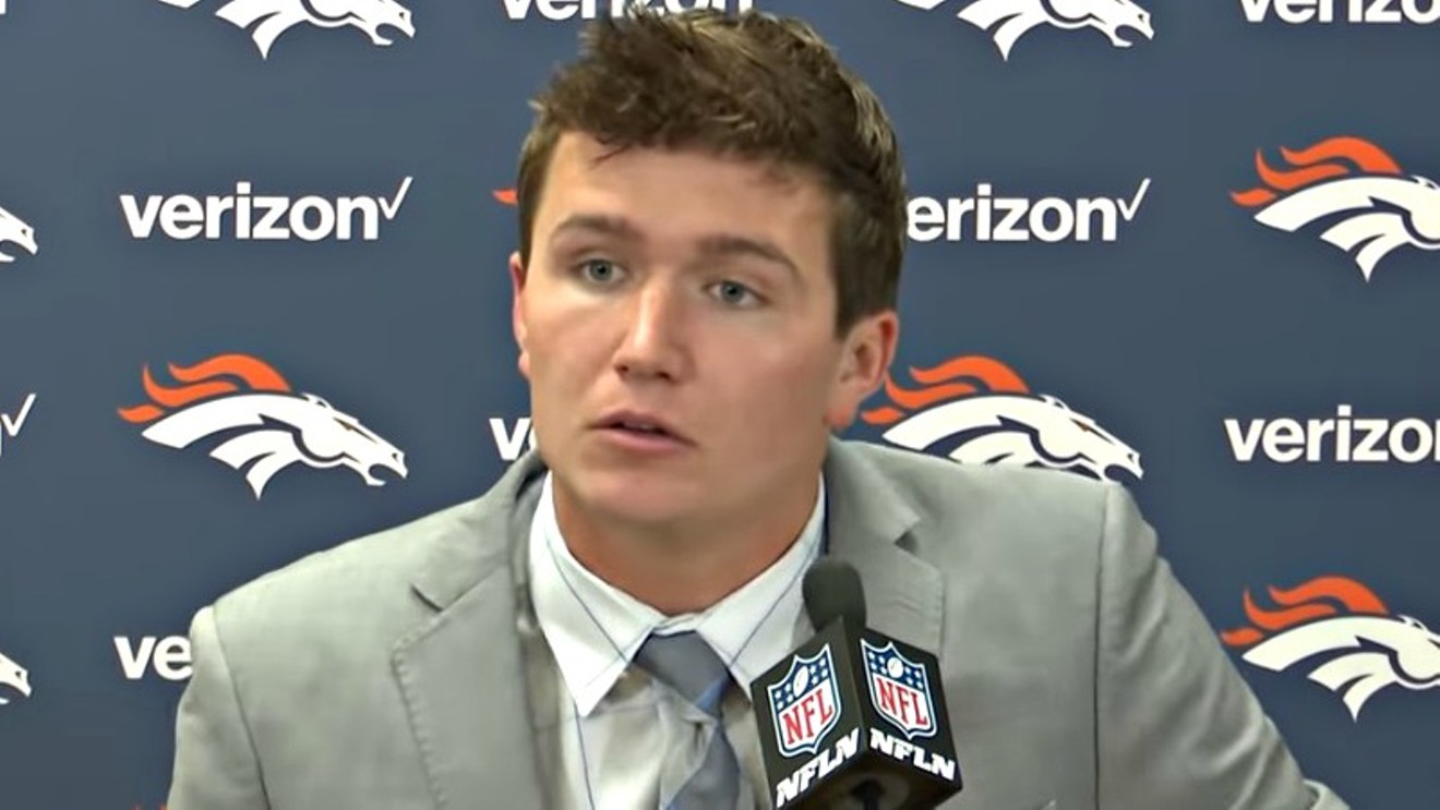 Drew Lock at the podium after his first loss as a regular-season NFL starter.