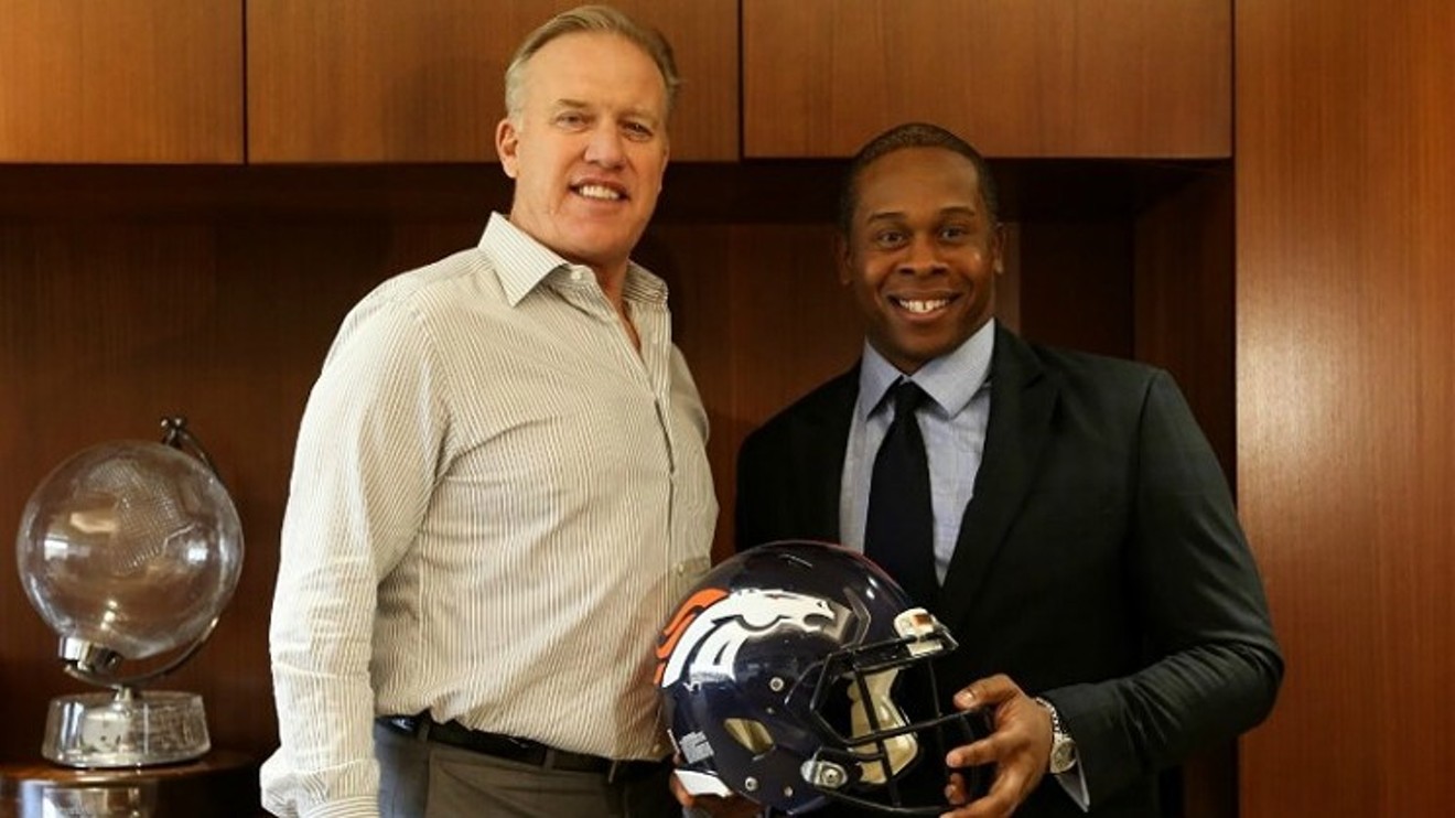 The photo tweeted out by John Elway after the 2017 hiring of Vance Joseph as head coach of the Denver Broncos.