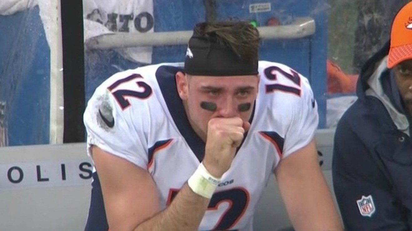 Quarterback Paxton Lynch crying on the sidelines during a game last November.