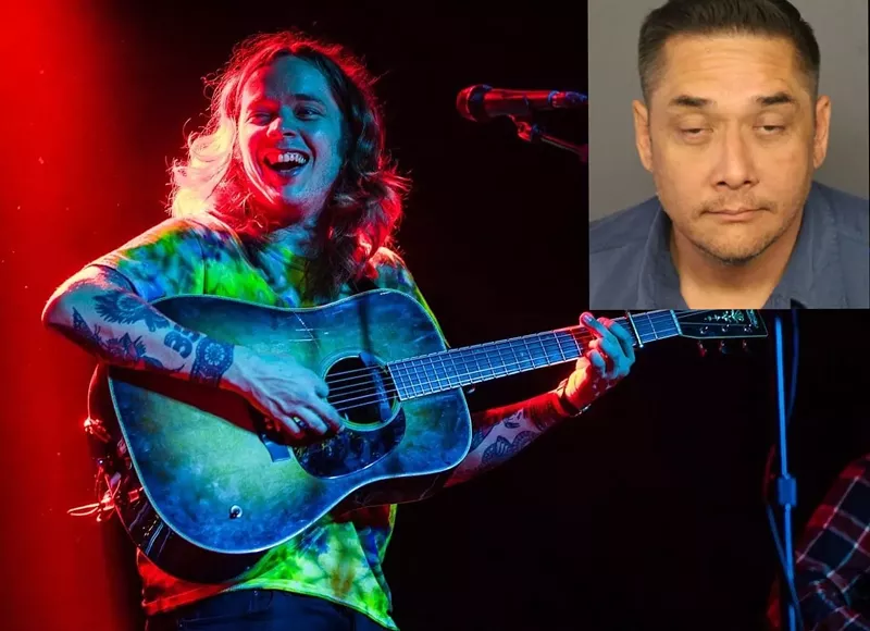 Image: Photo collage of bluegrass musician Billy Strings with a mugshot of his brother Patrick Apostol.
