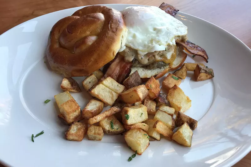 Image: The Düsseldorfer burger packs all kinds of brunch goodness into a pretzel roll.