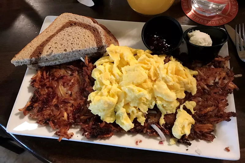 Image: Corned beef hash comes with toast and eggs.