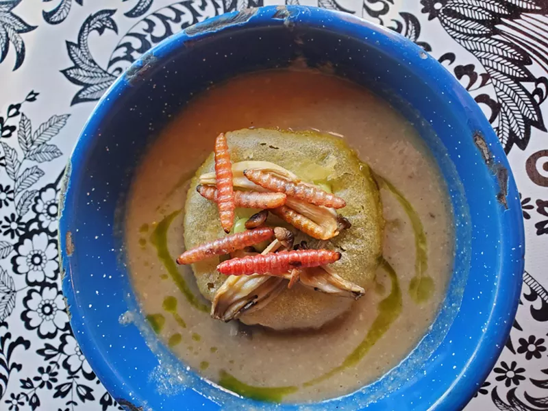 Image: red worms on top of mushroom soup in a blue bowl