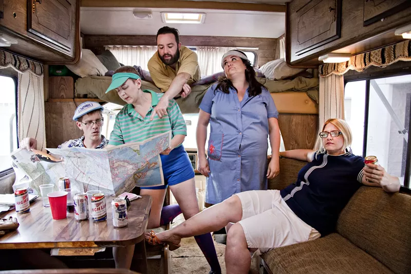 Image: The Buntport Troupe plans a company in the group's earliest photo (Left to right: Eric Edborg, Erin Rollman, Brian Colonna, Hannah Duggan, SamAnTha Schmidz).