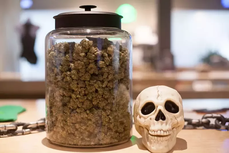 Image: Skull halloween decoration next to a jar of weed