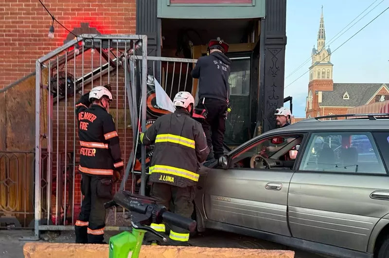 Image: The vehicle crashed into the building's entrance at the corner of Larimer and 27th streets.