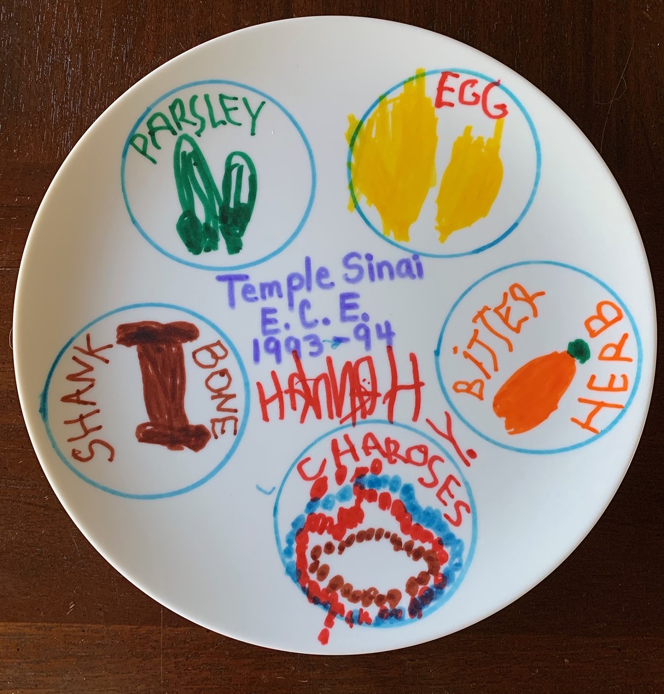 A seder plate made at the Temple Sinai preschool in 1994.