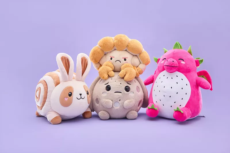 Image: Four cute food and space-themed plush toys have a distinct emotion on their face.