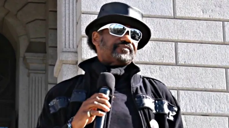 Image: Stephan Evans, also known as Chairman Seku, speaking at the State Capitol last year.