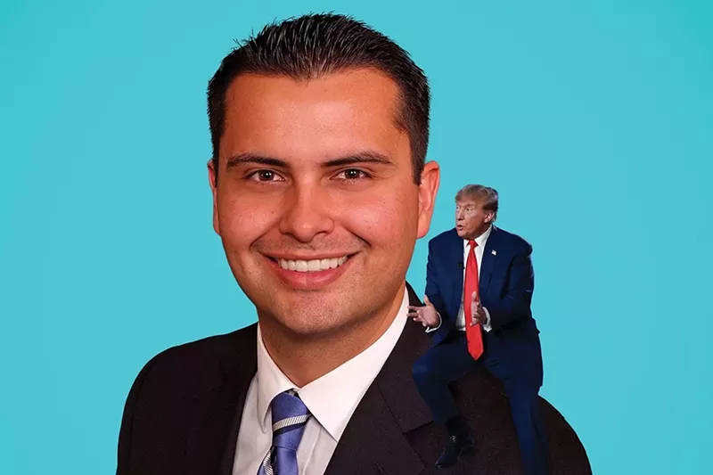 Image: Colorado GOP Chair Dave Williams with former president Donald Trump on his shoulder.