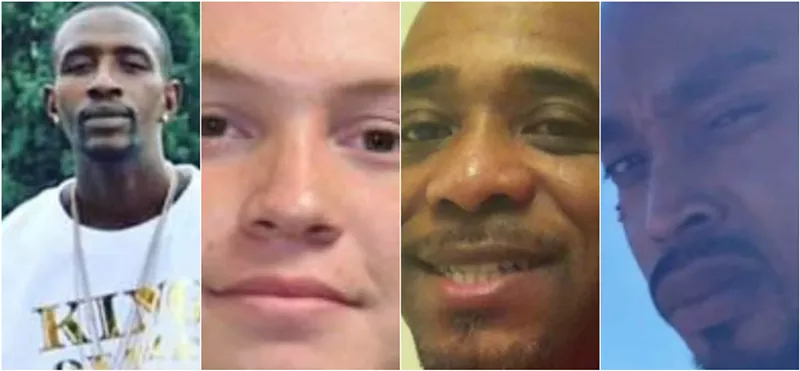 Image: No charges have been filed in the 2019 Denver homicides of Deandre Abrams, Bryan DeHerrera, Sandy Walker and Kerryck Summers (from left).