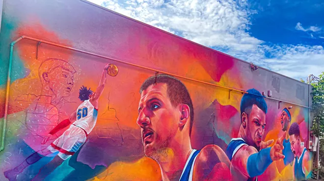 Detour's colorful mural in Denver of Denver Nuggets players Nikola Jokic and Jamal Murray