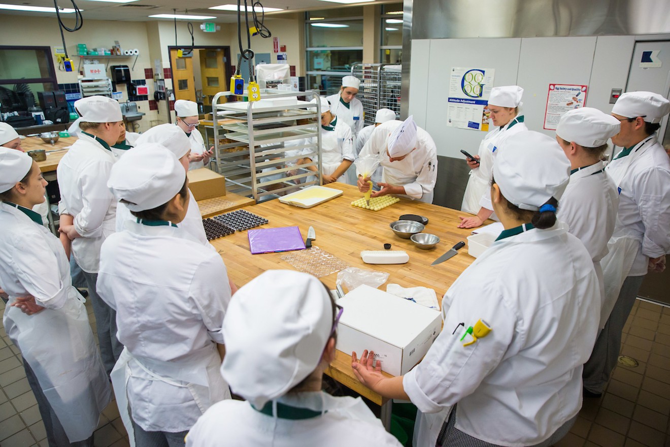 Chefs in training learn pastry skills in one of the classroom kitchens at Johnson & Wales University.
