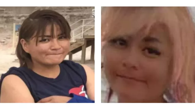 missing woman photos, one as brunette and one with pink hair