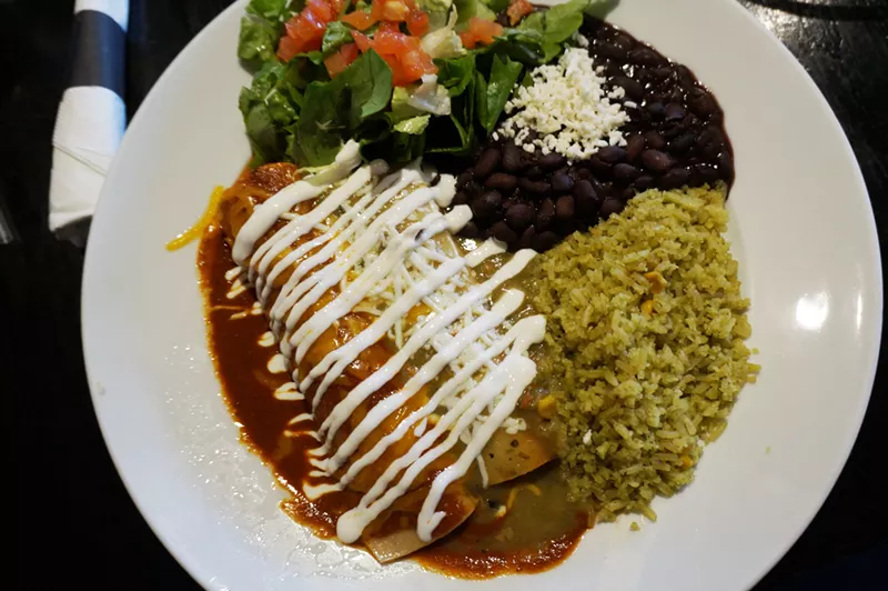 Image: 100% de Agave isn't New Mexican, but the Christmas enchilada plate is still festive.
