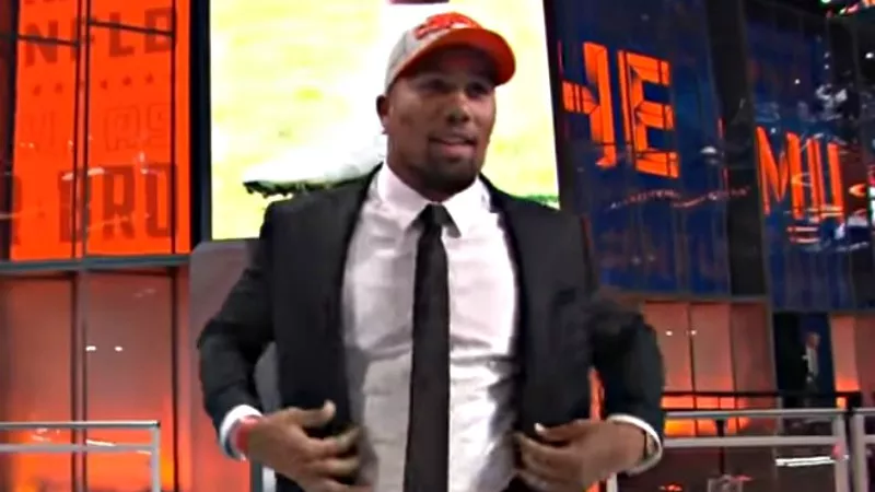 Image: Bradley Chubb taking the stage after being announced as the number-one draft pick of the Denver Broncos.
