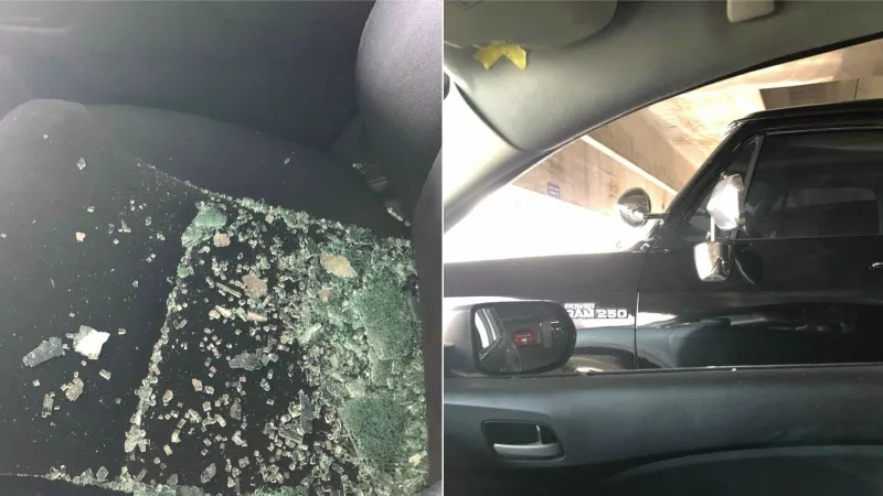 Image: Shattered glass on the passenger-side seat and a look at the blown-out window.