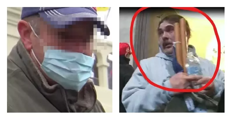 Image: A partially pixelated photo of a man on the U.S. Capitol grounds on January 6 and an image of Glenn Wes Lee Croy inside the building on the same day, from the criminal complaint against him.