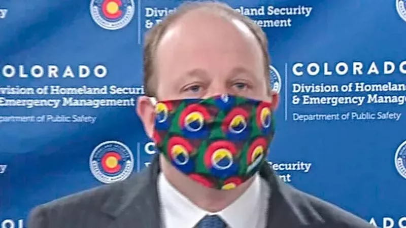 Image: Governor Jared Polis during the April 2020 press conference when he first encouraged residents to wear masks.
