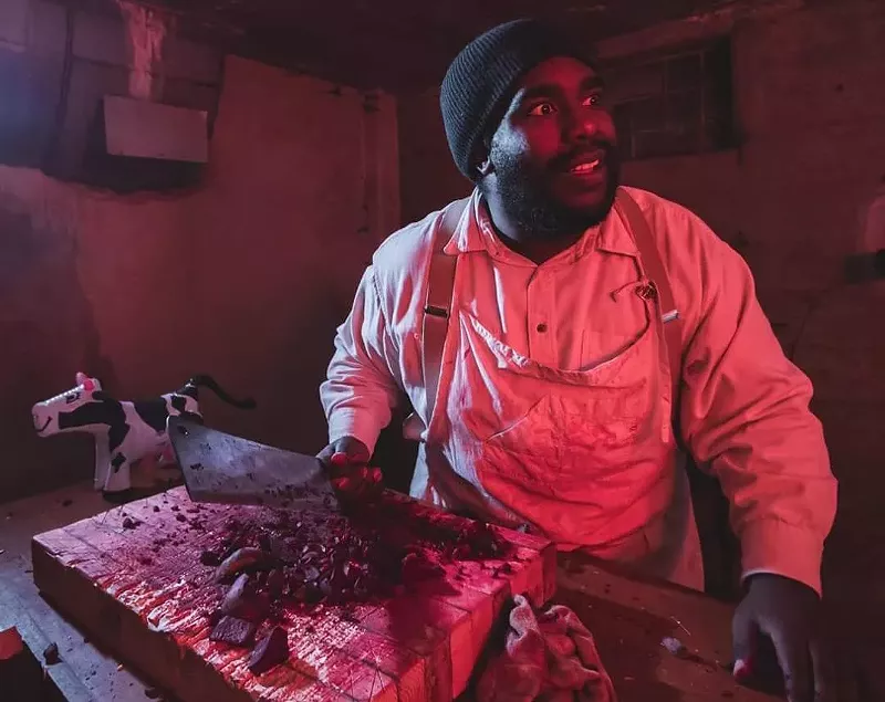 Image: James Brunt performs in a slaughterhouse for Aggregate Immateriality with Control Group Productions.