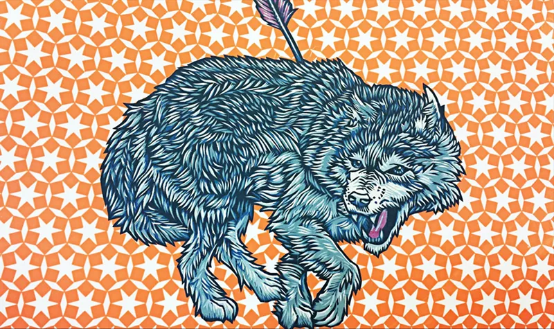 Image: Javier Flores, “Herido,” 2015, reductive woodcut chine-colléd on screenprint.