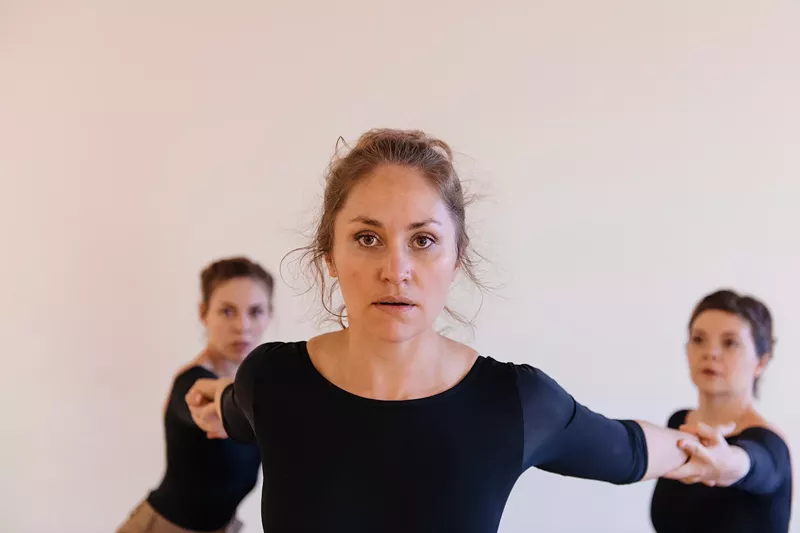 Image: Kat Gurley (center) in rehearsals for Wild Heart's The Fall.