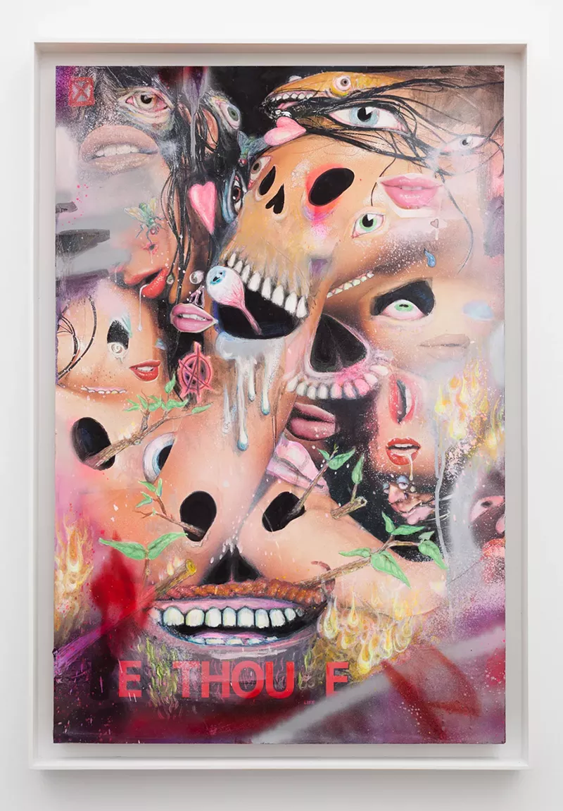 Image: Donald Fodness, "E Thou (Burning Bush)," 2017, ink, colored pencil, gesso, gouache, acrylic paint, spray paint, graphite, collage, on Penthouse poster.